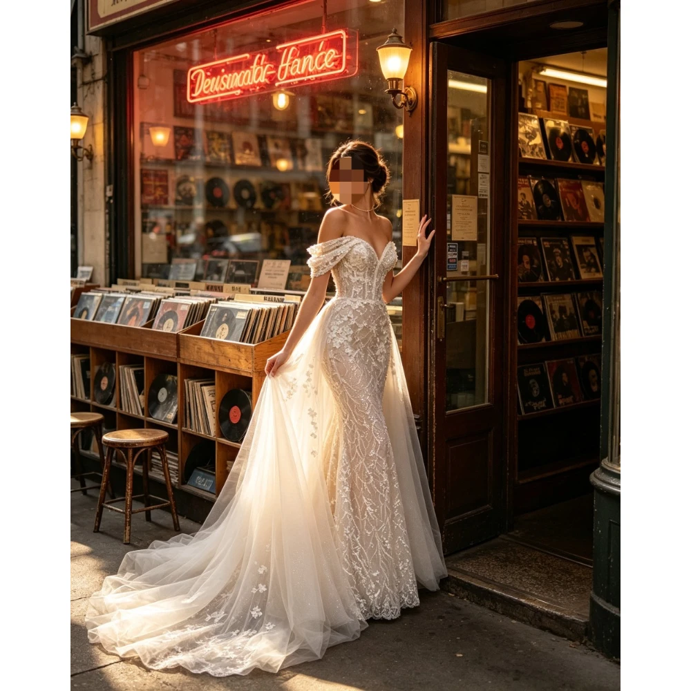 Customized Floor Length Sparkly Beaded Lace Mermaid Formal Evening Gown Off Shoulder Ruffle Sleeve Detachable Tulle Sweep Dress