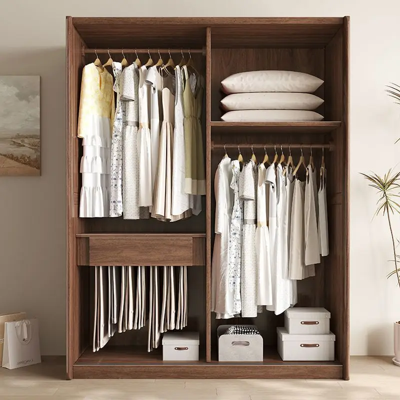 

North American black walnut sliding door solid wood wardrobe bedroom multi-functional wardrobe small apartment hanging clothes