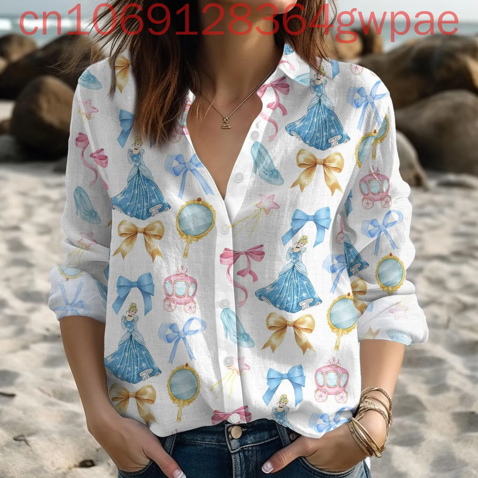 

Disney Cinderella Hawaii Women's Shirt Summer Long Sleeves Button Shirt 3D Print Fashion Casual Y2K Women's T-Shirt