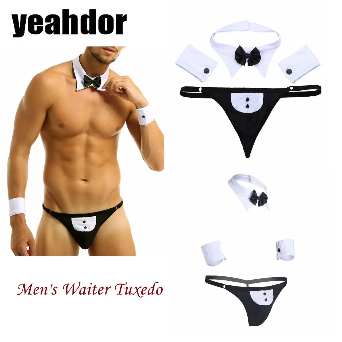 

Men Waiter Lingerie Suit Open Back Tuxedo G-string Thong Underwear with Bow Tie Collar And Bracelets Cuff Set Cosplay Costumes
