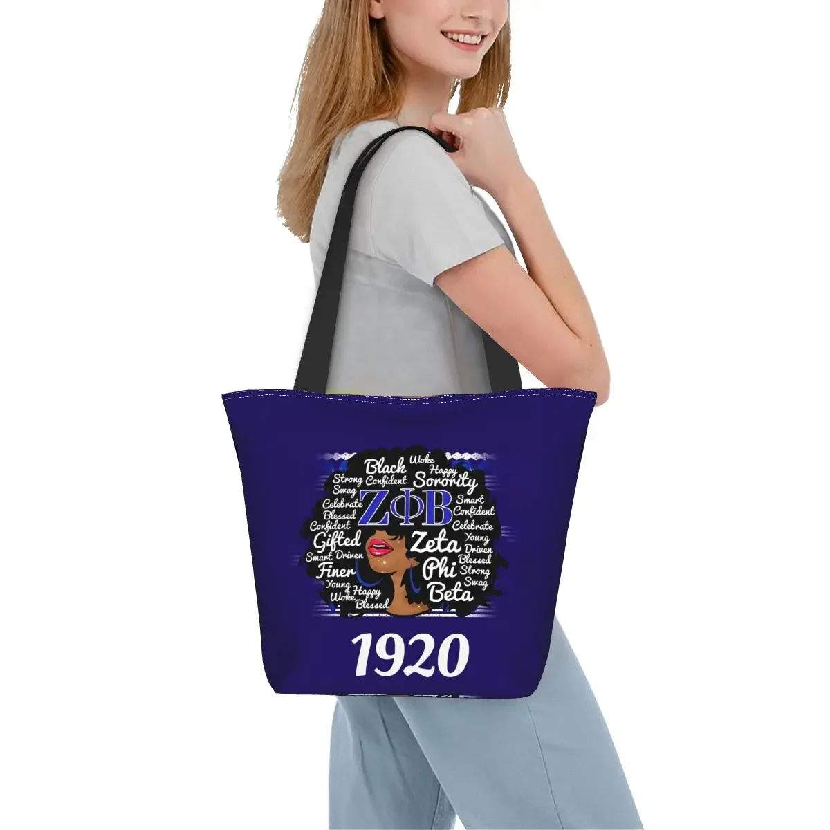 Zeta Phi Beta Sorority-Bolso de compras de lona con estampado, bolsa de hombro de gran capacidad con letras griegas, 1920