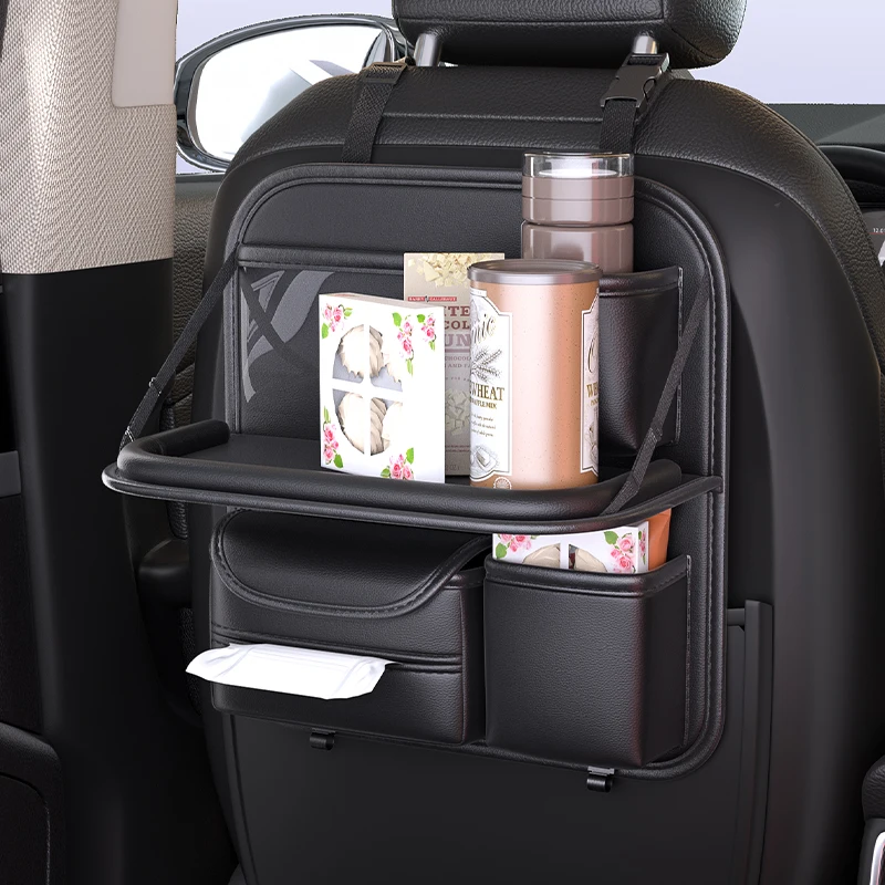 PU Leather Multi-Functional Foldable Car Seat Back Storage Hanging Bag Vehicle Headrest Table Top Organizer