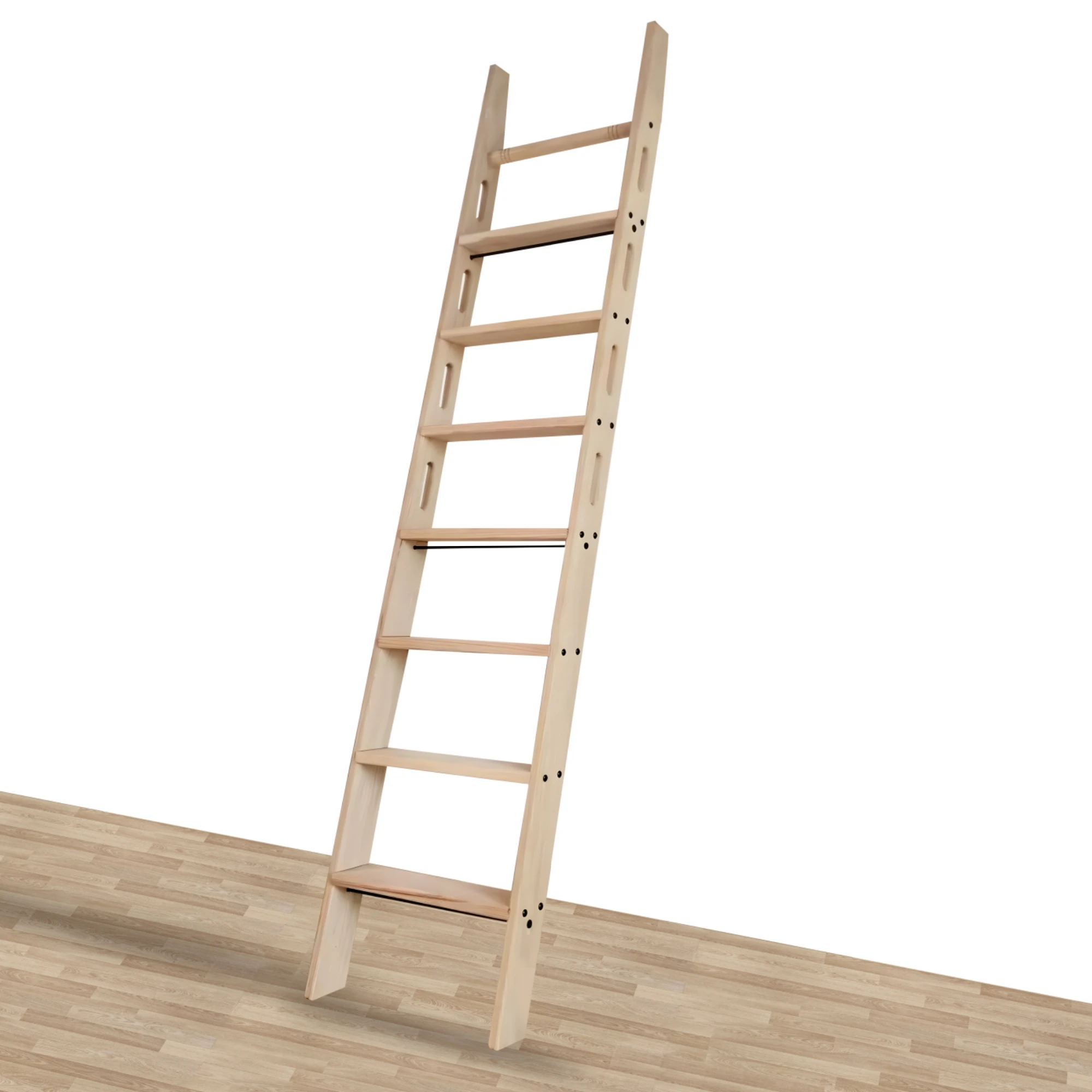 

Natural Knotty Oak Wood Sliding Library Durable Step Ladder Rolling Ladder
