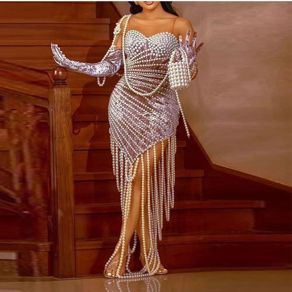 Amazing Pearls Beaded Evening Gowns Sheer Neck African Women Prom Dresses Beading Tassels Sheath Wedding Party Dress  No Gloves