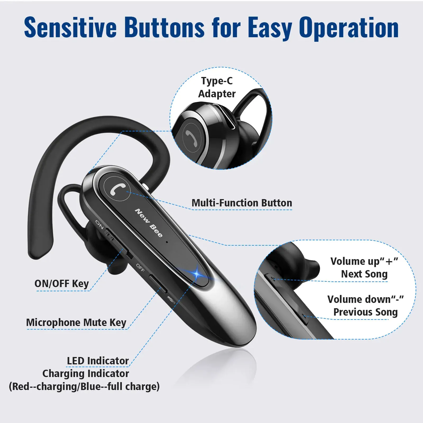 LC-B45 Bluetooth 5.0 Headset Single In-Ear Wireless Earphone Hands-Free with Mic CVC8.0 Noise Cancelling Talk For Driving