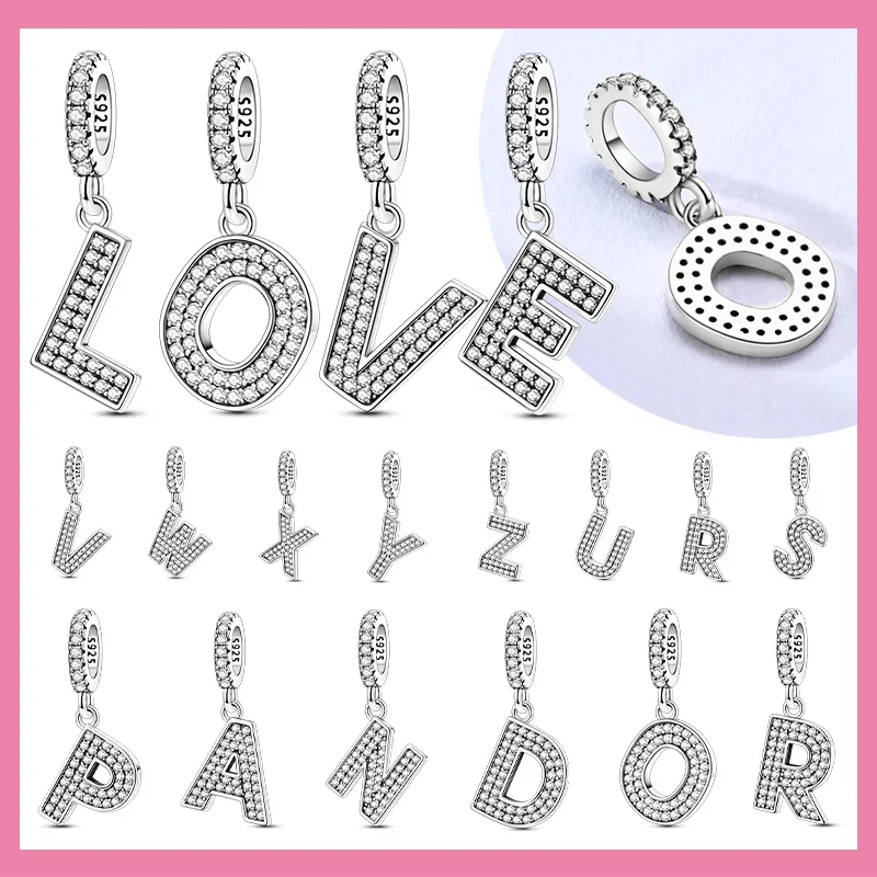

Silver 925 26 Letters Alphabet Charms Bead Inlaid Shiny Zircon Diy LOVE Letters Jewelry Gift Fit Original Bracelet for Women