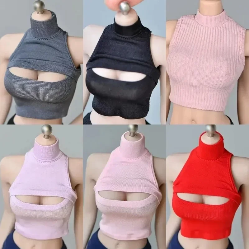 1/6 Female Sleeveless Thin Shoulder Open Chest Tops Tight Off Shoulder T-shirt Mini Pleated Skirt Clothes for 12