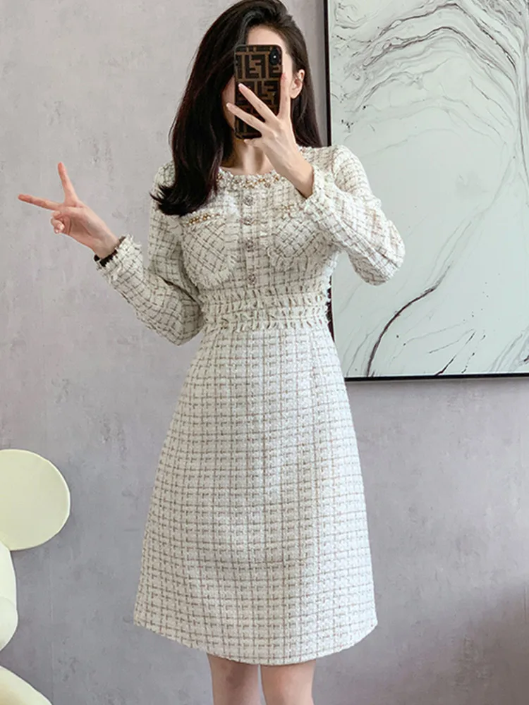 

High Quality Small Fragrance Wind Vintage Tweed Dresses For Women Korean Fashion Beading Winter Woolen Dress Female