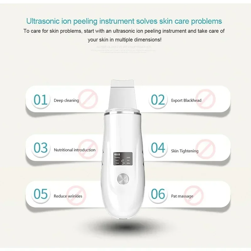 Ultrasonic Vibration Skin Scrubber, Espátula Facial, Removedor de cravos, Limpeza de pá, Removedor de poros iônicos, Peeling Lifting Skin Care