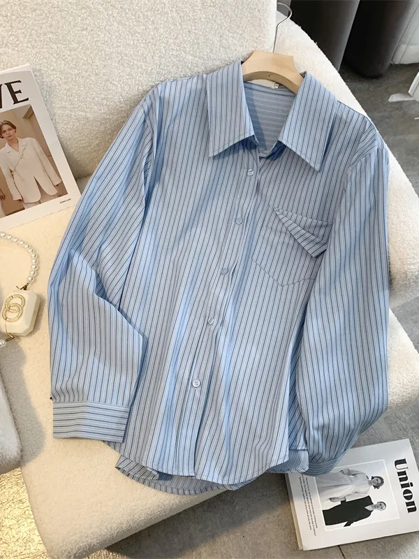 

Casual Striped Long Sve irt Women's plus Size Simple Design Artistic Large Code Faionable Top Spring Summer Autumn