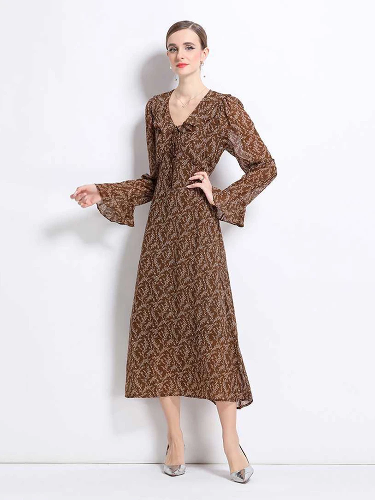 

Fashion Flounce Print Lace Up Dresses Spring Women Flare Sleeve V Neck Loose Dress Autumn High Waist Big Swing Knee Length Dress