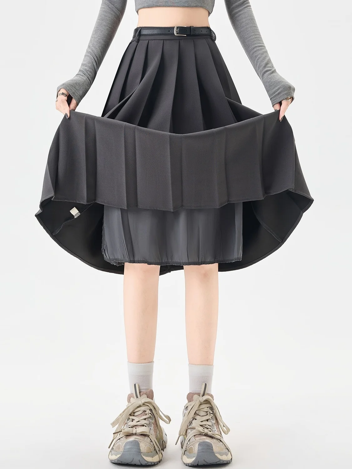 Ele Maßgeschneiderter Midi-Rock für Damen, Frühling Herbst Winter College-Stil JK Hochgeschnittener A-Linien Plissee-Rock mit