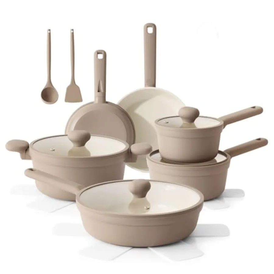 Juego de Ollas y Sartenes Antiadherentes de Cerámica de 17 Piezas para una Cocina Saludable por Inducción, Utensilios de Cocina Color Taupe No Tóxicos con Sartenes y Cacerolas