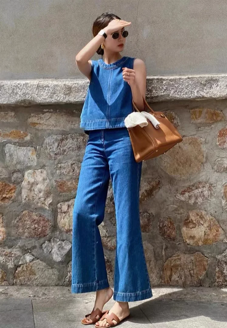 Blue denim vest suit, sleeveless top, jeans, commuting, casual women's pants two-piecet  f022