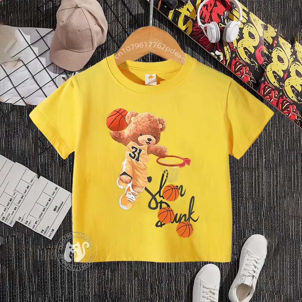 Summer 100% cotton T-shirt for boys and girls Baby Street Dunk Baby Bear pattern teen comfortable casual top Cotton T-shirt top