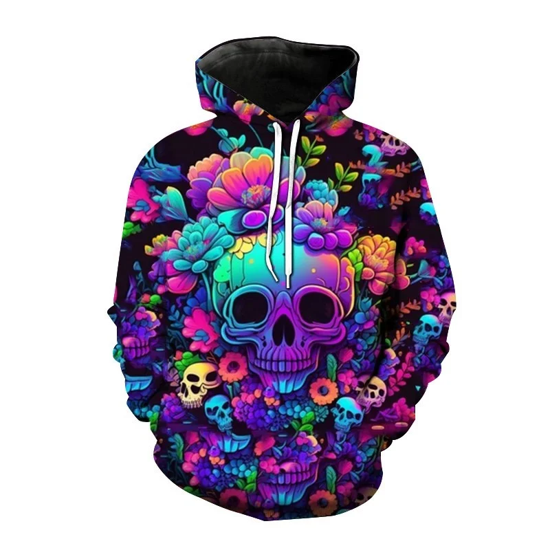 

Trend Skull Graphics Hoodie Fashion Hip Hop 3D Flowers Printed Pullovers Spring Autumn Outdoor Loose Casual Sweatshirt For Mens