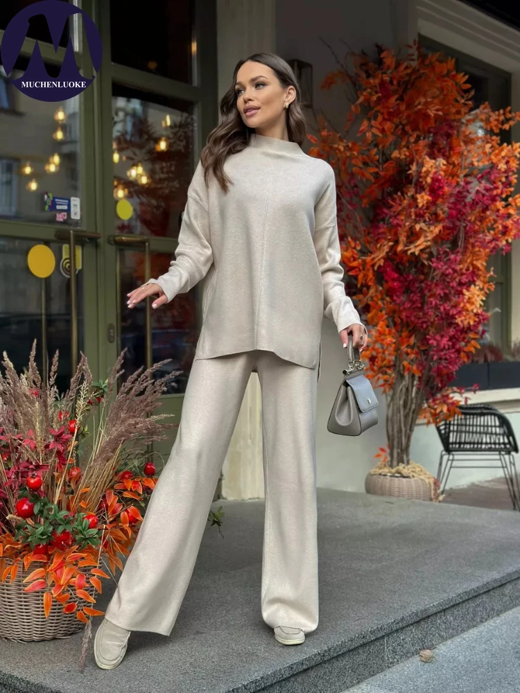 

Комплект из 2 предметов для женщин, осень-зима, вязаный теплый свитер с длинными рукавами и воротником-стойкой, модные повседневные свободные комплекты брюк