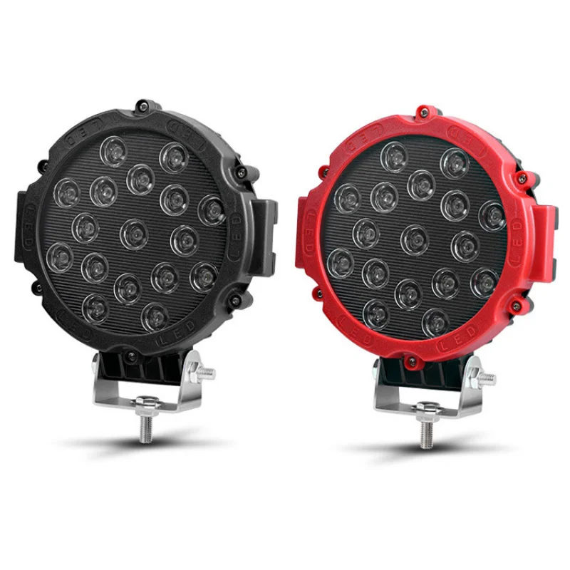 For Bulk Car Off-Road Lighting 7-Inch Round 51W LED Work Light, Black-Red Finish with 17 Beads Offered with Bulk Price Advantage