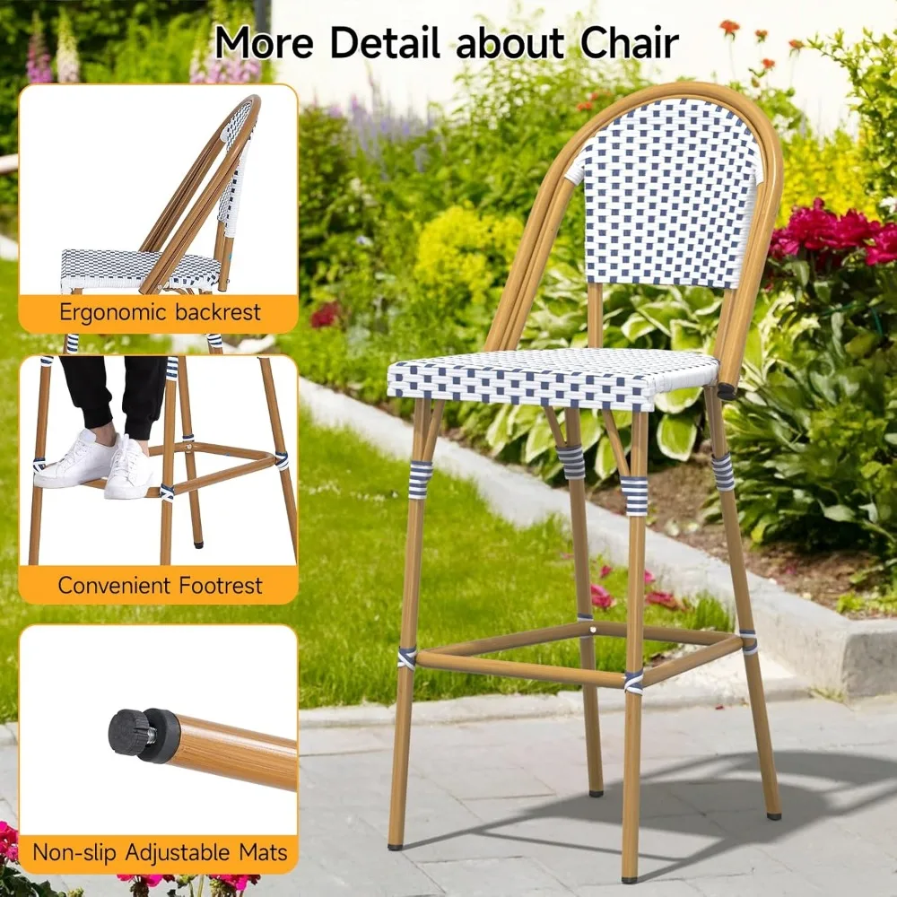 프렌치 바 스툴 2개 세트, 화이트 프린트 마감 파티오 바 스툴 등받이 라탄 의자, 위커 바 높이 스툴 29