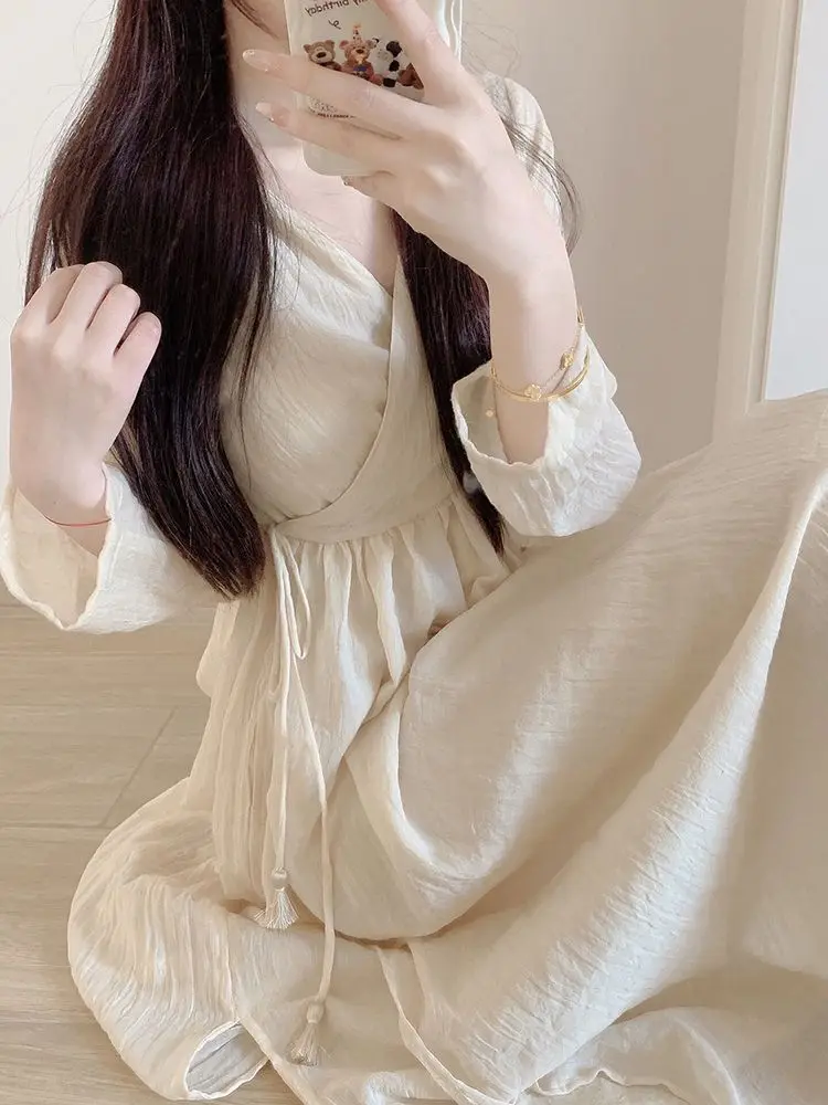 Long Sleeve Nightgowns Women Sweet Ruffles V-neck Bandage Vintage Loose Fit Harajuku Fashion Chic Comfortable Spring Nightdress