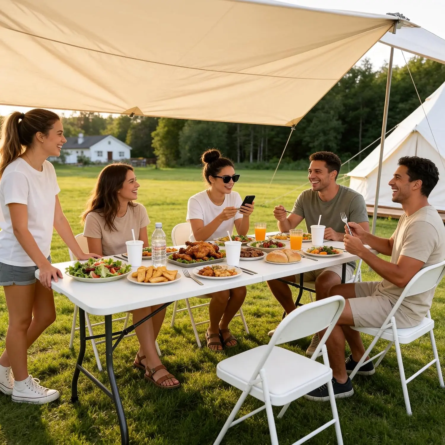 Folding Dining Table Set for 6, 6FT Foldable Plastic Table with Carrying Handle & 6 PU Leather Padded Folding Chairs, Portable T