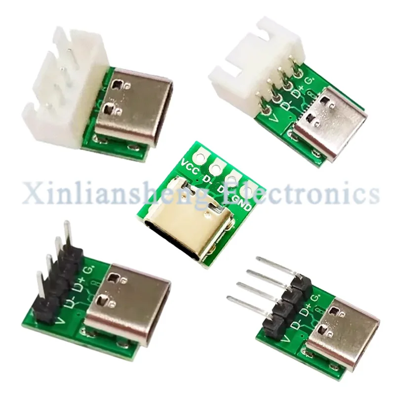 5PCS TYPE-C Female Socket Test Board 4P Single-row XH2.54 Straight Bent Pin Header   Power Adapter Board PCB Connector DIY
