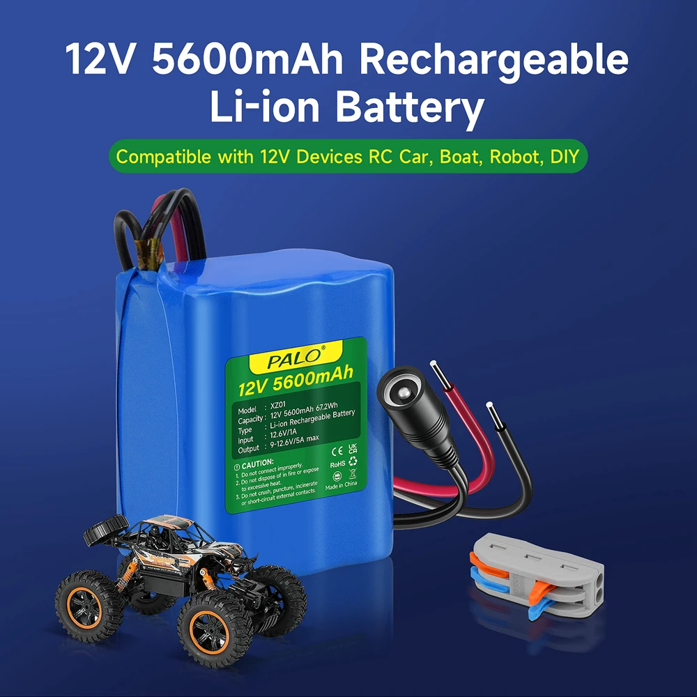 12V 5600mAh 67.2Wh Rechargeable Li-ion Battery Pack with BMS 12.6v Charger for RC Car, Boat, Robot, DlY, Large Capacity Battery