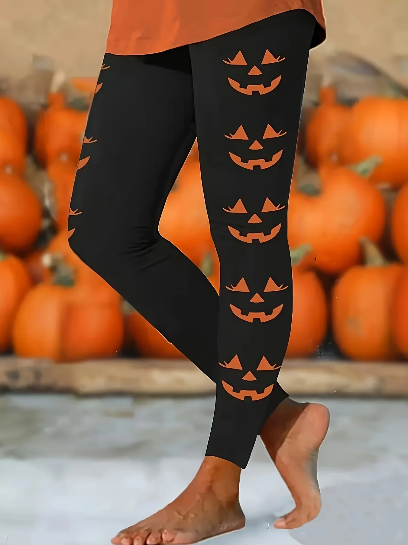 Women's Mid‑Rise Fleece Lined Leggings Halloween Pumpkin Print Stretch Slim Warm Ladies Casual Pants