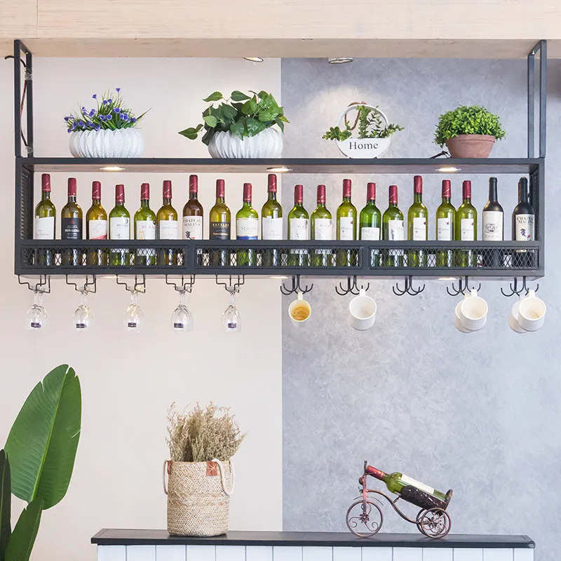 Iron bar counter wine rack hanging rack, inverted wine cup , hanging wine cabinet hanging , solid wood storage , dec