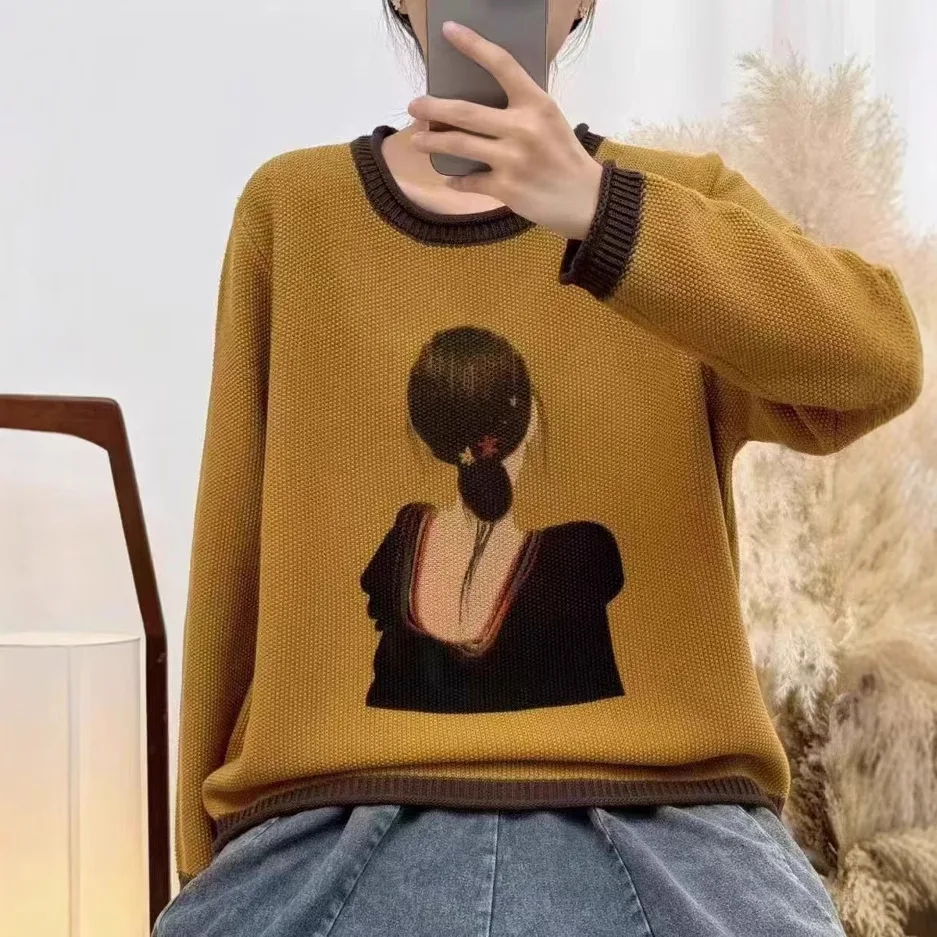 

2024Women Cotton Sweaters Autumn Winter Mori Girl Style Color Spliced Ruched Cartoon Loose Female Tide Knit Pullovers Wild