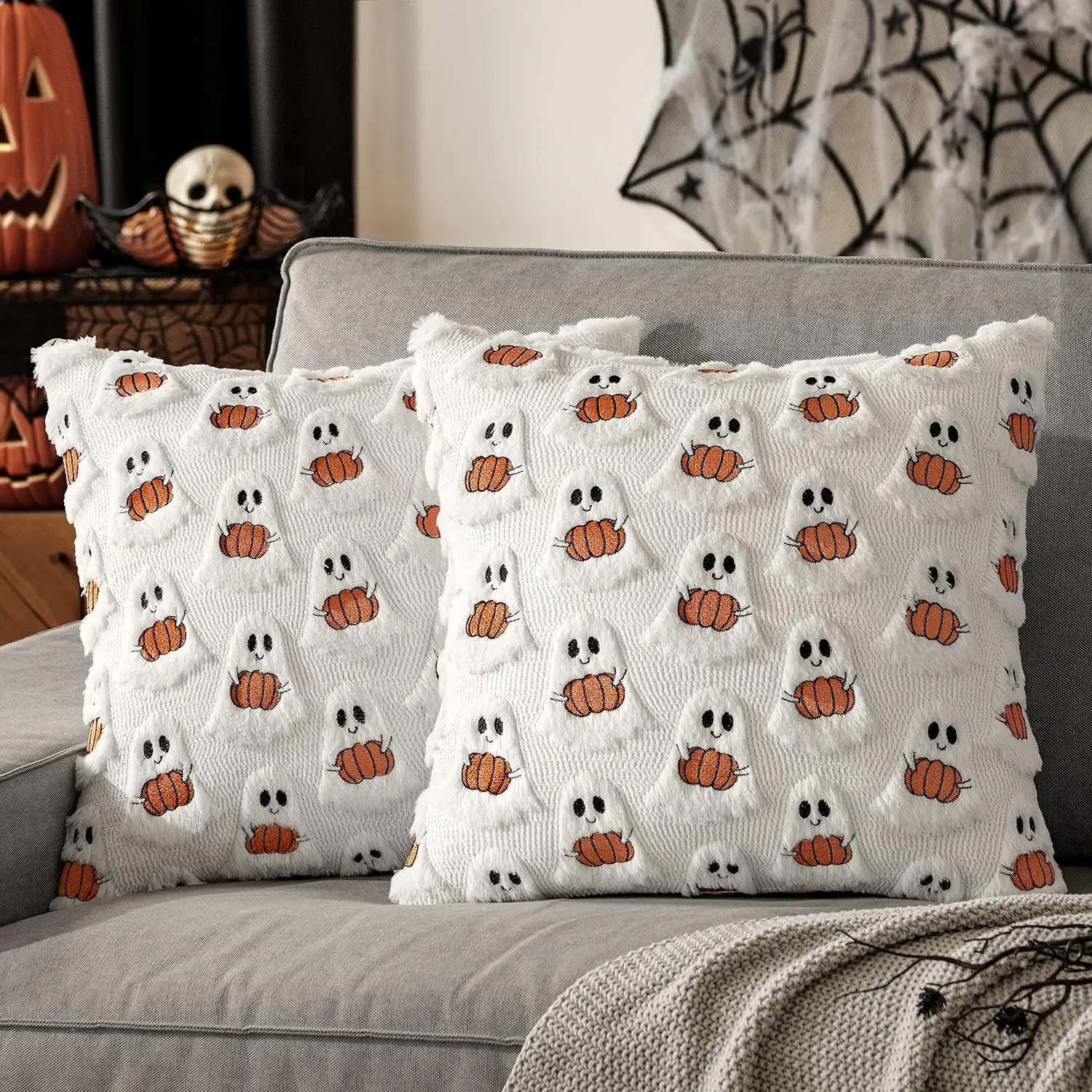 Ghost Pumpkin Plush Faux Fur Pillow Covers 18x18 Inch Soft Halloween Decor for Sofa Couch Bed Living Room, White Bright Orange - view 3