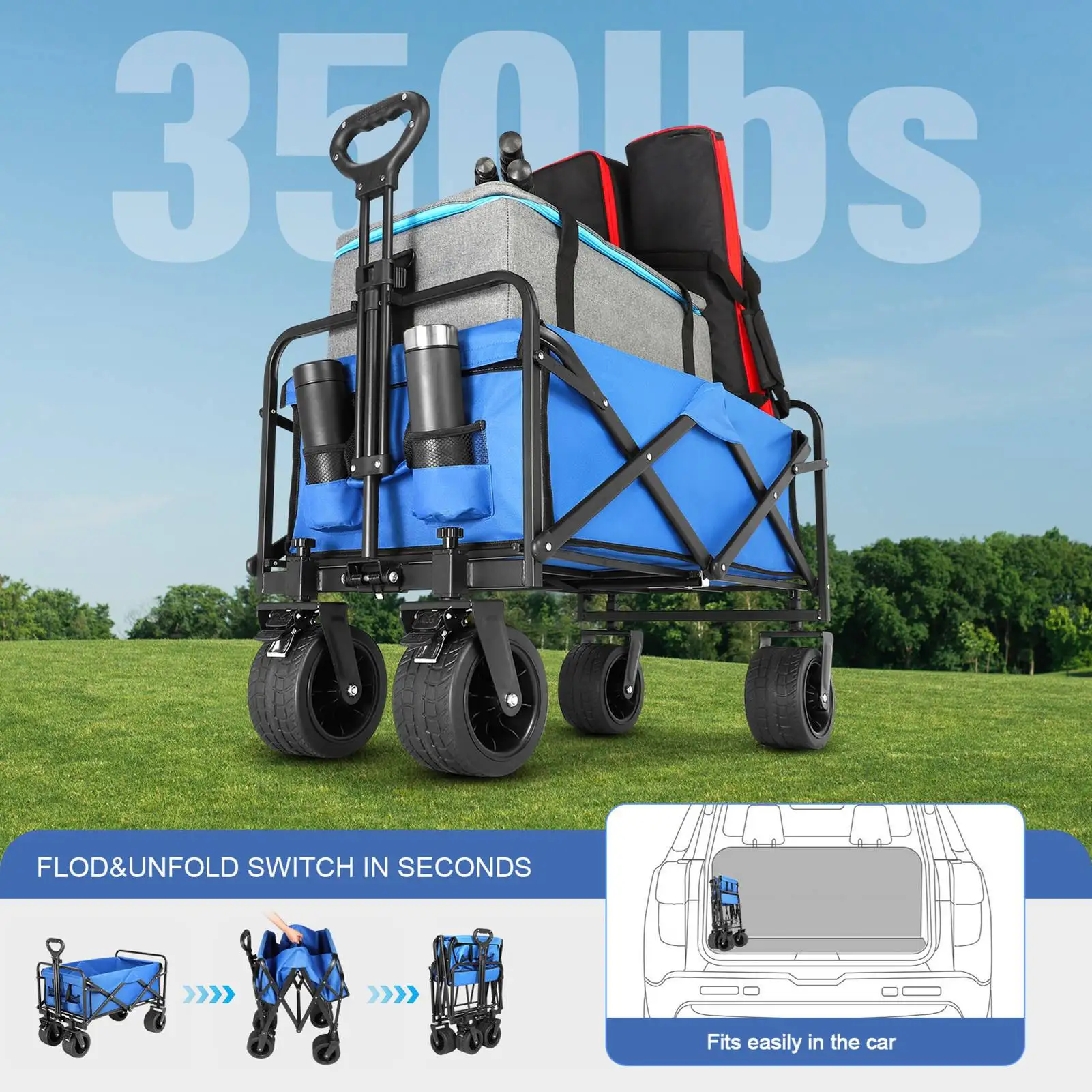 

Foldable Wagon with 8 Inch Wheels Oxford Cloth All Terrain Utility Grocery Shopping Wagon for Beach Camping Sports Outdoor