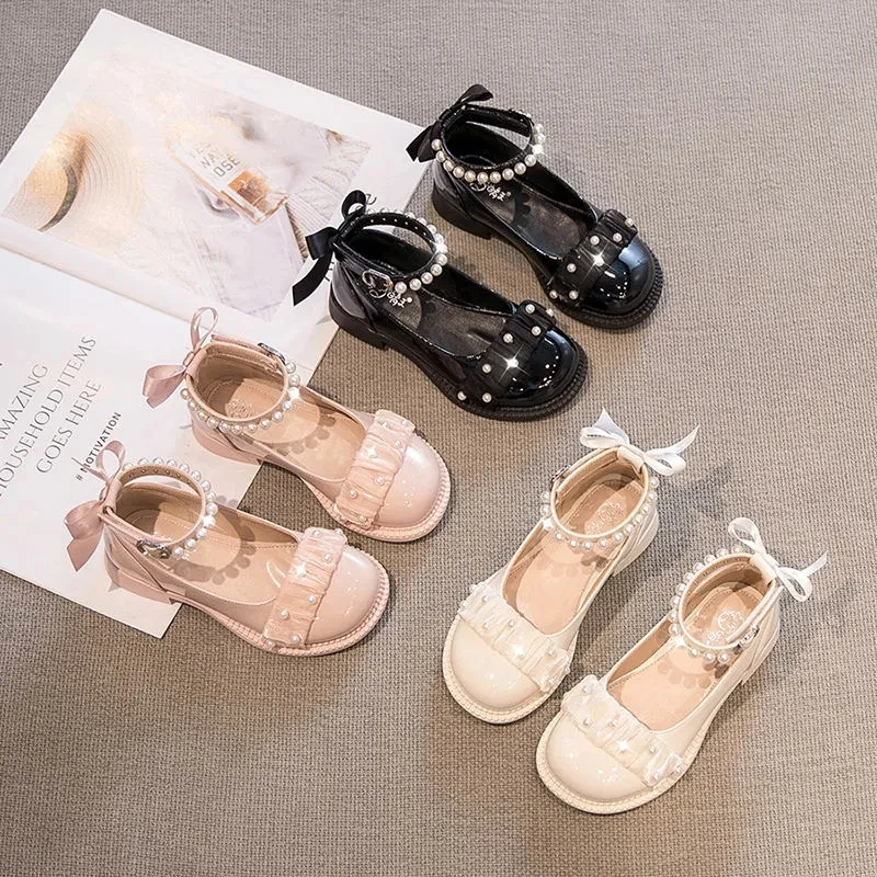 

Girls Leather Shoes for Party Wedding Children Princess Shoes with Pearls Soft Sole Single Big Kids Bow-knot Performance Shoes