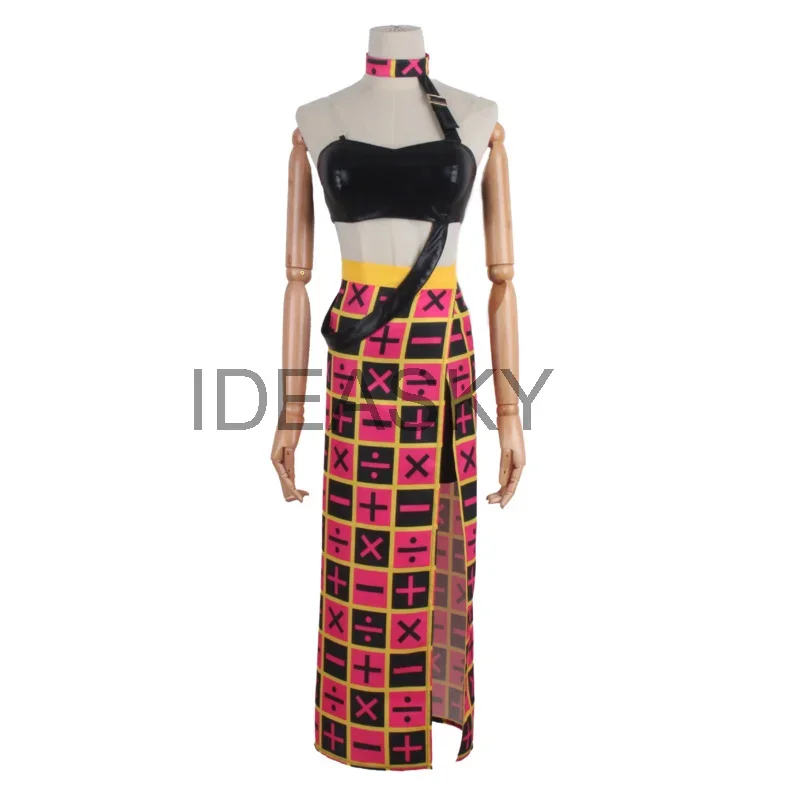 جوجو مغامرة غريبة تأثيري الرياح الذهبية تريش أونا تأثيري حلي شعر مستعار الصدرية تنورة الزي أحذية فستان النساء Grils NL5358