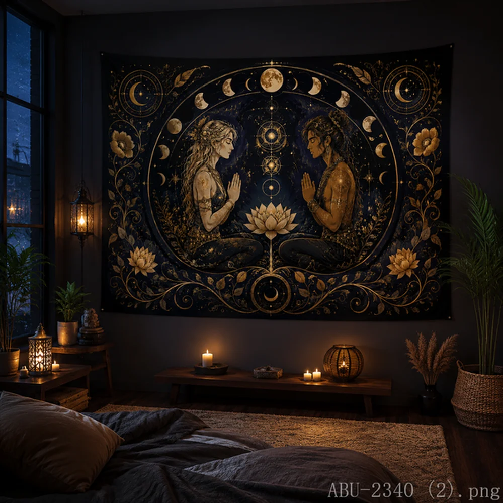 VIKAMA Sacred Geometry Meditation Tapestry Golden Light Body Universe Wall Hanging Aesthetic Art
