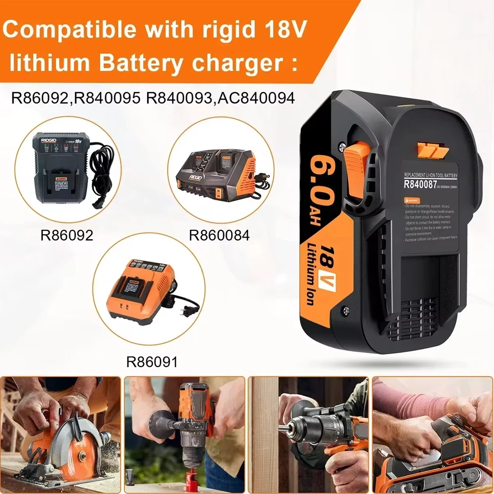 New For Ridgid R840087 18V Li-ion 6800mAh Battery Replacement For Ridgid R840083 R840085 R840086 Battery Cordless Drill Tools