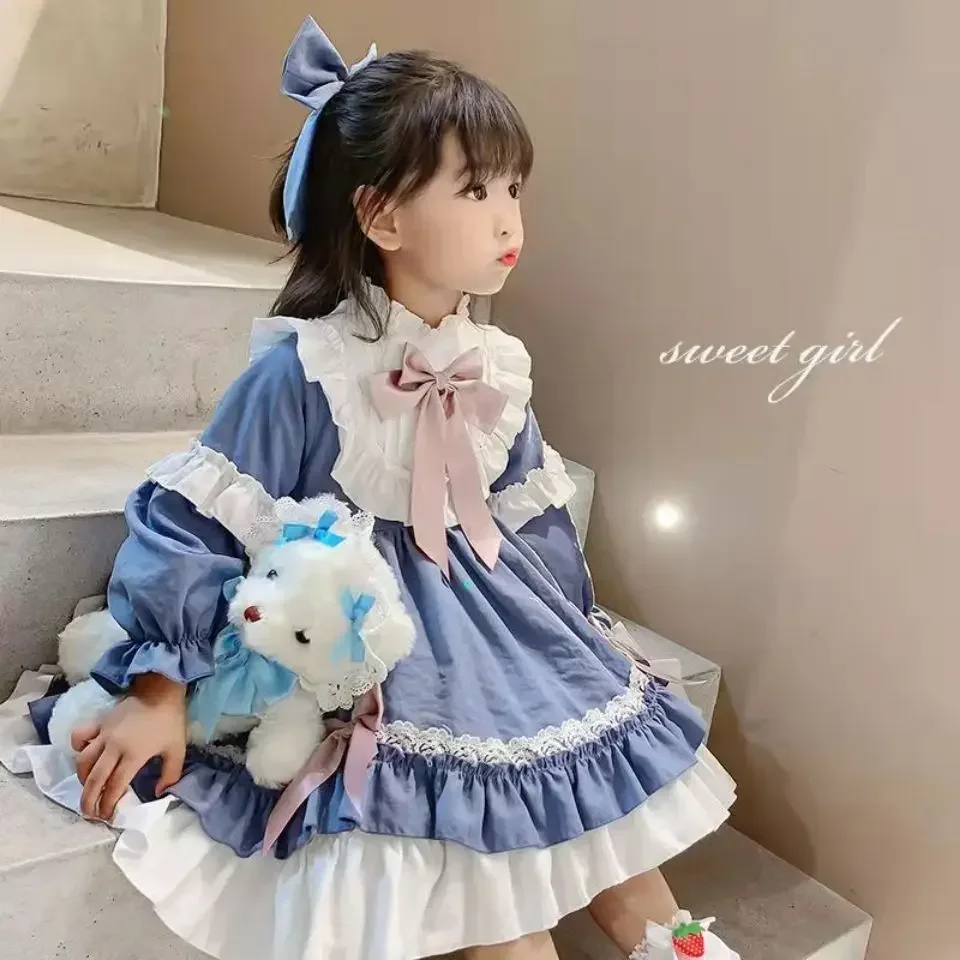 Robe Lolita à volants avec nœud bleu mignon pour filles, tenue Kawaii pour enfants, robe de princesse d'anniversaire, bébé doux, printemps, automne, 2-7 ans, 2023