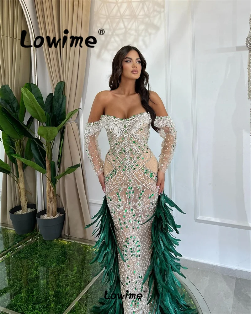 Luxury Green Feathers Mermaid Prom Dress Off Shoulder Crystals Celebrity Dresses Aso Ebi Women Evening Gowns Wedding Party Dress