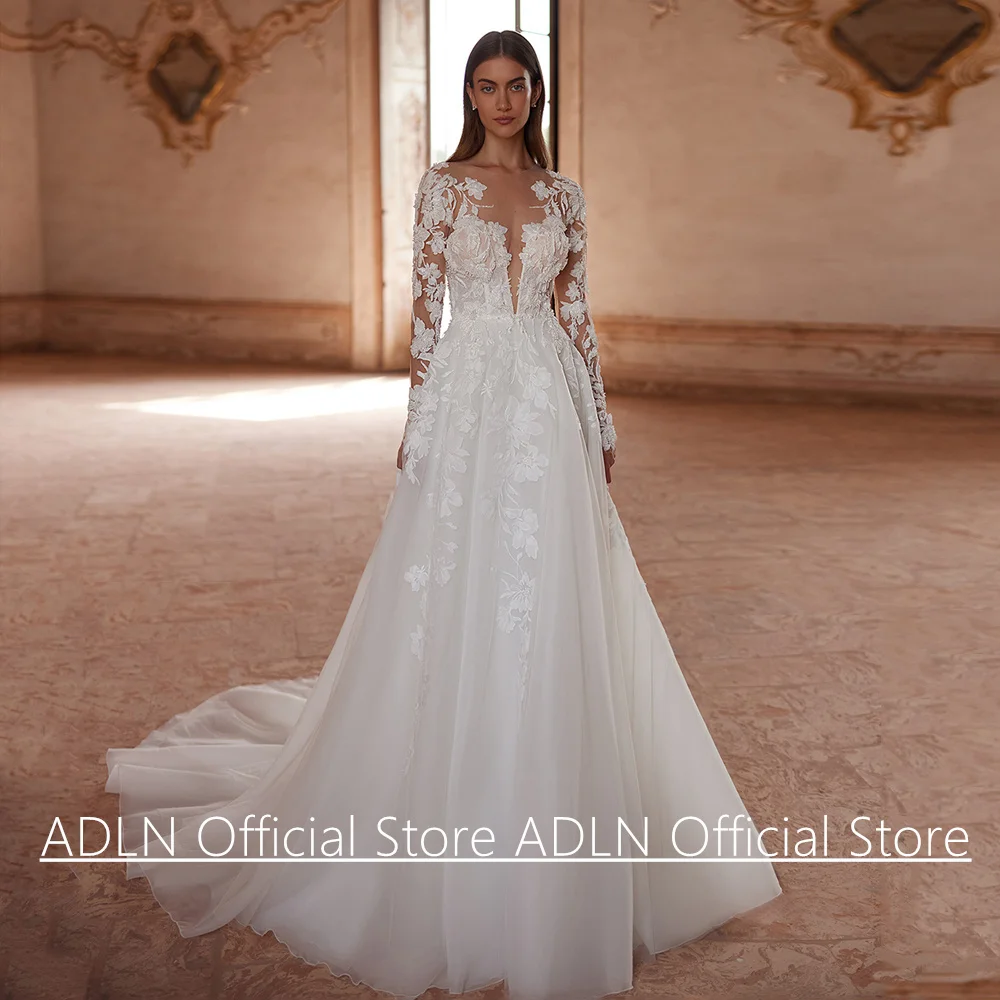 فستان زفاف 2025 مخصص برقبة سكوب وأكمام طويلة شفاف من خلال زين ذيل محكمة على شكل حرف A فستان العروس رداء De Mariee