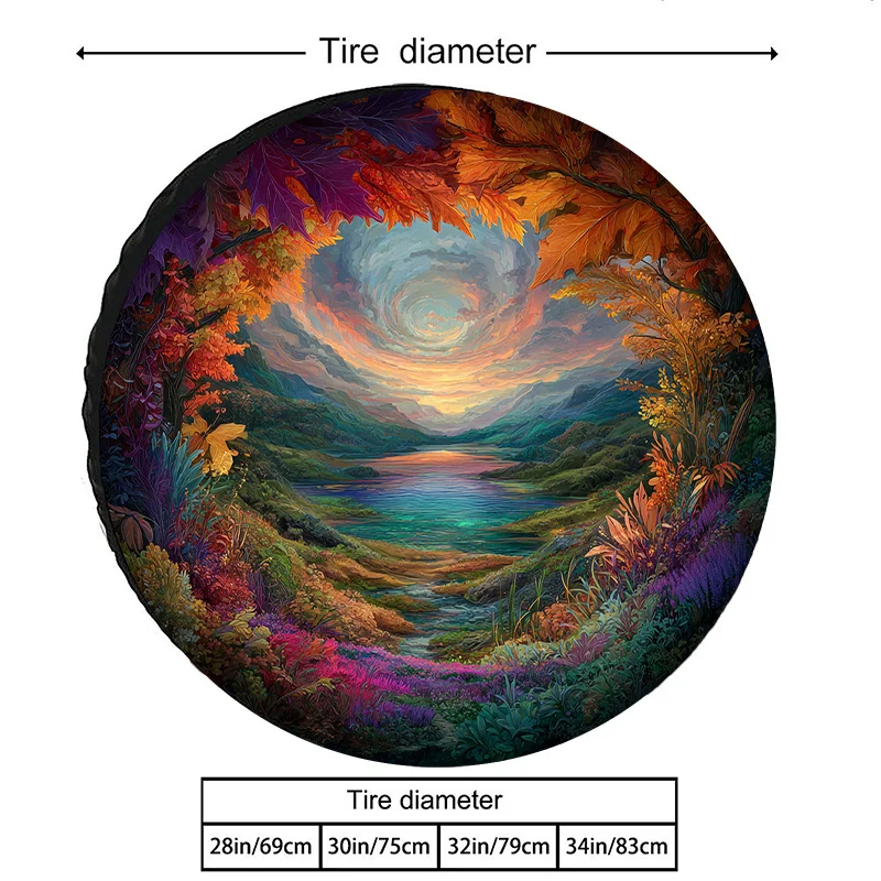 Polyester Tire Cover With Dreamy Landscape Art Print, All-Season Scratch-Resistant Dustproof Wear-Resistant Round Black Frame,