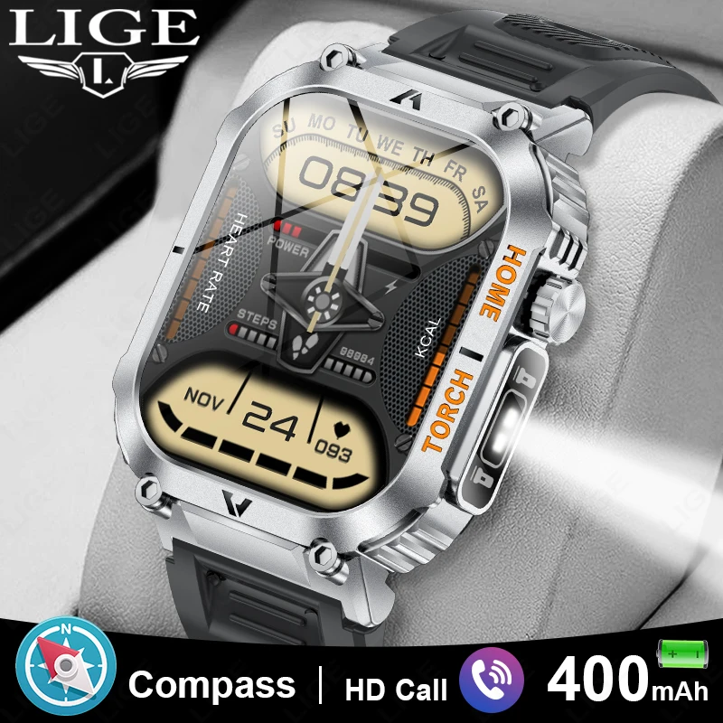 

LIGE 2026 Men's Watch Sports Fitness Tracker Heart Rate Monitor Bluetooth Call Compass LED Flashlight IP68 Waterproof Smartwatch