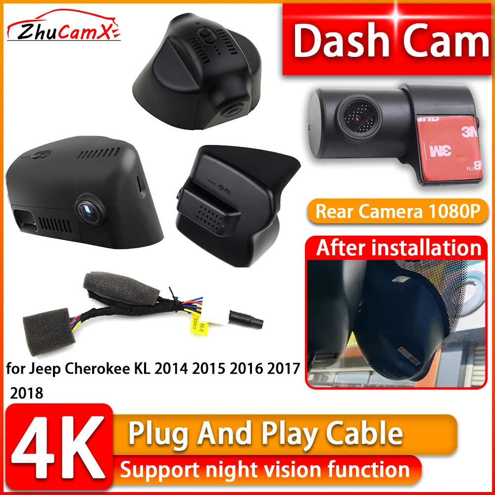 Wiifi 4K Dash Cam for Jeep Cherokee KL 2014 2015 2016 2017 2018 DVR Front Rear Camera Plug and Play Video Recorder Night Vision