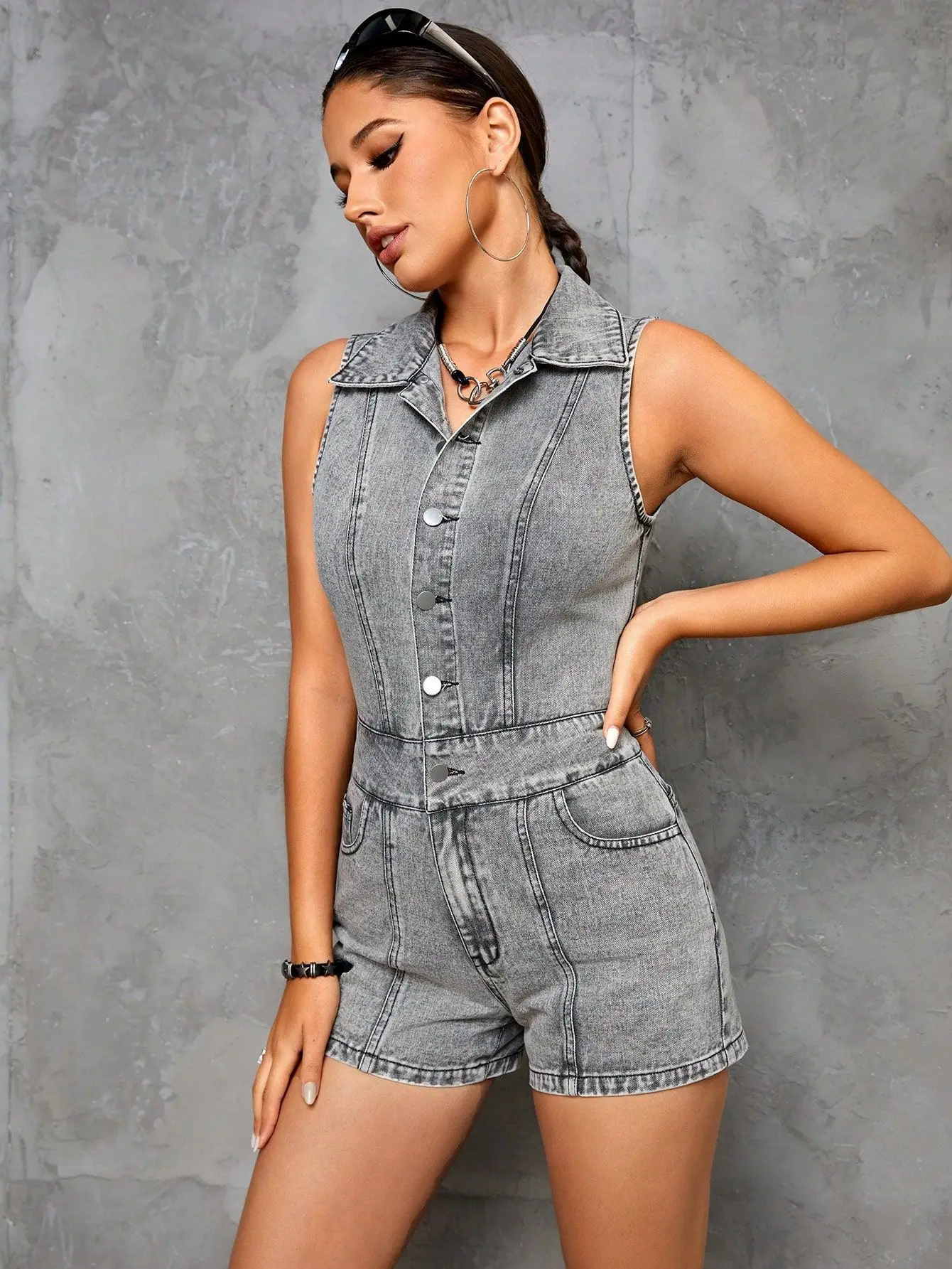 2024 Nieuwe Dameskleding Casual Grijze Denim Mouwloze Playsuit Dames Bodysuits