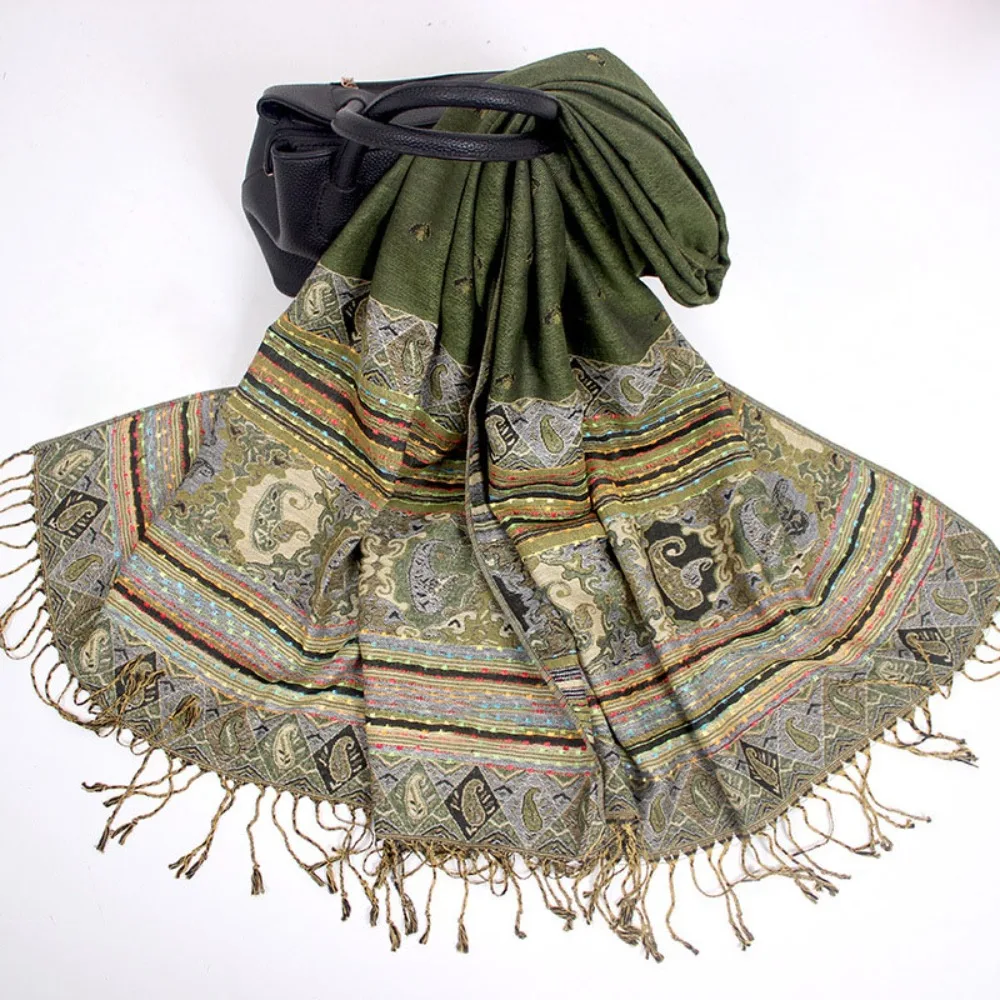 

Длинный шарф в богемном стиле с жаккардовым узором «кашемир» и бахромой, полиэстеровые шали и накидки, мягкий платок с принтом