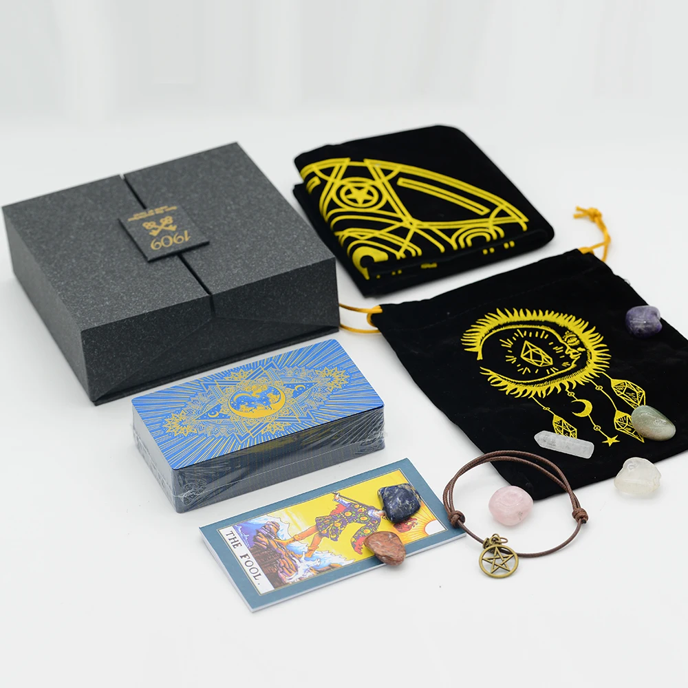 Mysterious Gold Foil Tarot PVC Desktop Multiplayer Game Color Card Gift Box Set Bronzing Waterproof Tablecloth Crystal Stone Set