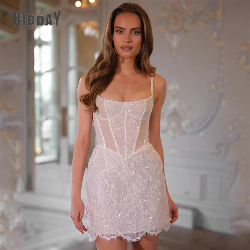 

BIGDAY Lace Sheath Short Wedding Dress Boat-Neck Spaghetti Straps Lace-up Sleeveless Bridal Gown Vestidos De Noiva Customized