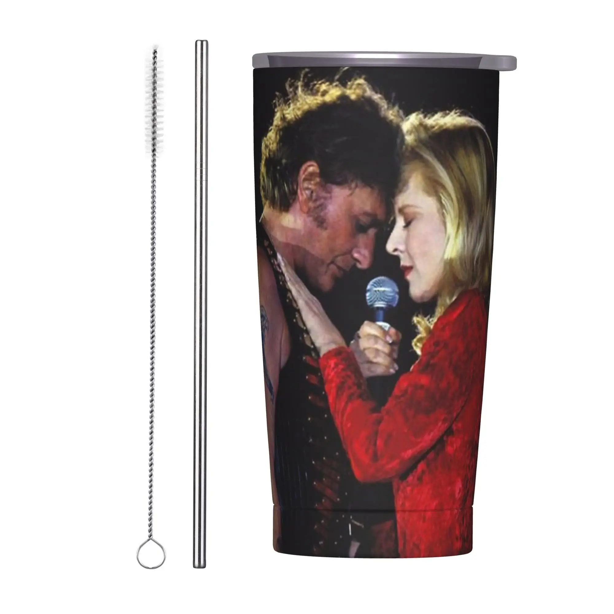 Johnny Hallyday And Sylvie Tumbler Vacuum Insulated Rock French Singer Thermal Cup Vacuum Flask Travel Mugs Hot Cold Drink, 20oz