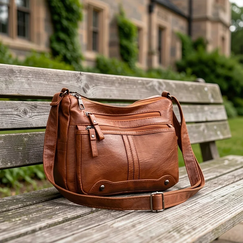 Ins Hot Retro Damen-Umhängetasche aus Leder mit Used-Look, Crossbody-Tasche mit mehreren Reißverschlusstaschen, trendige, geräumige, verstellbare Schultertasche – Detail 2