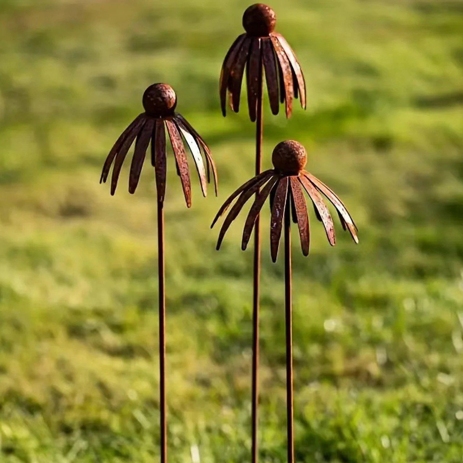 3 Pcs Versatile Garden Ornament Multi-Purpose Vintage Rusty Cornflower Statues Stake Weather- for Outdoor&Garden Decor