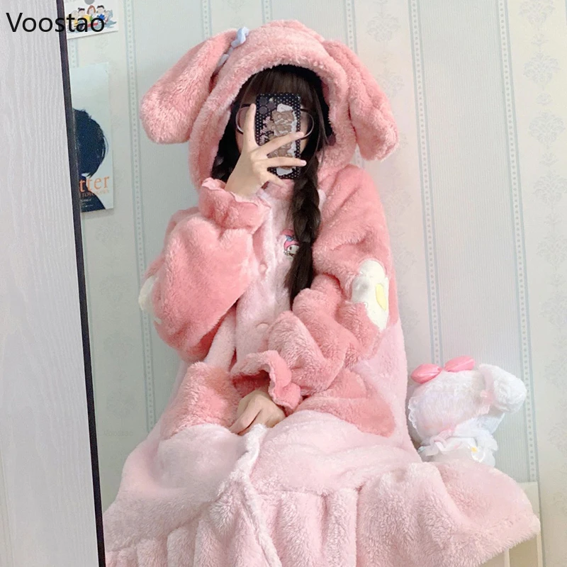 Autumn Winter Women Cute Cartoon Pajamas Coral Fleece Nightdress Warm Long Ears Hooded Robe Girls Sweet Home Clothes Nightgown